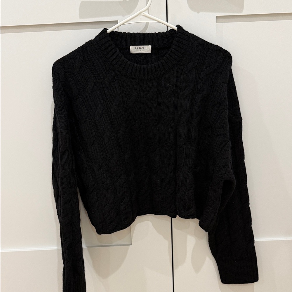Babaton Cropped Black Cable Knit Sweater